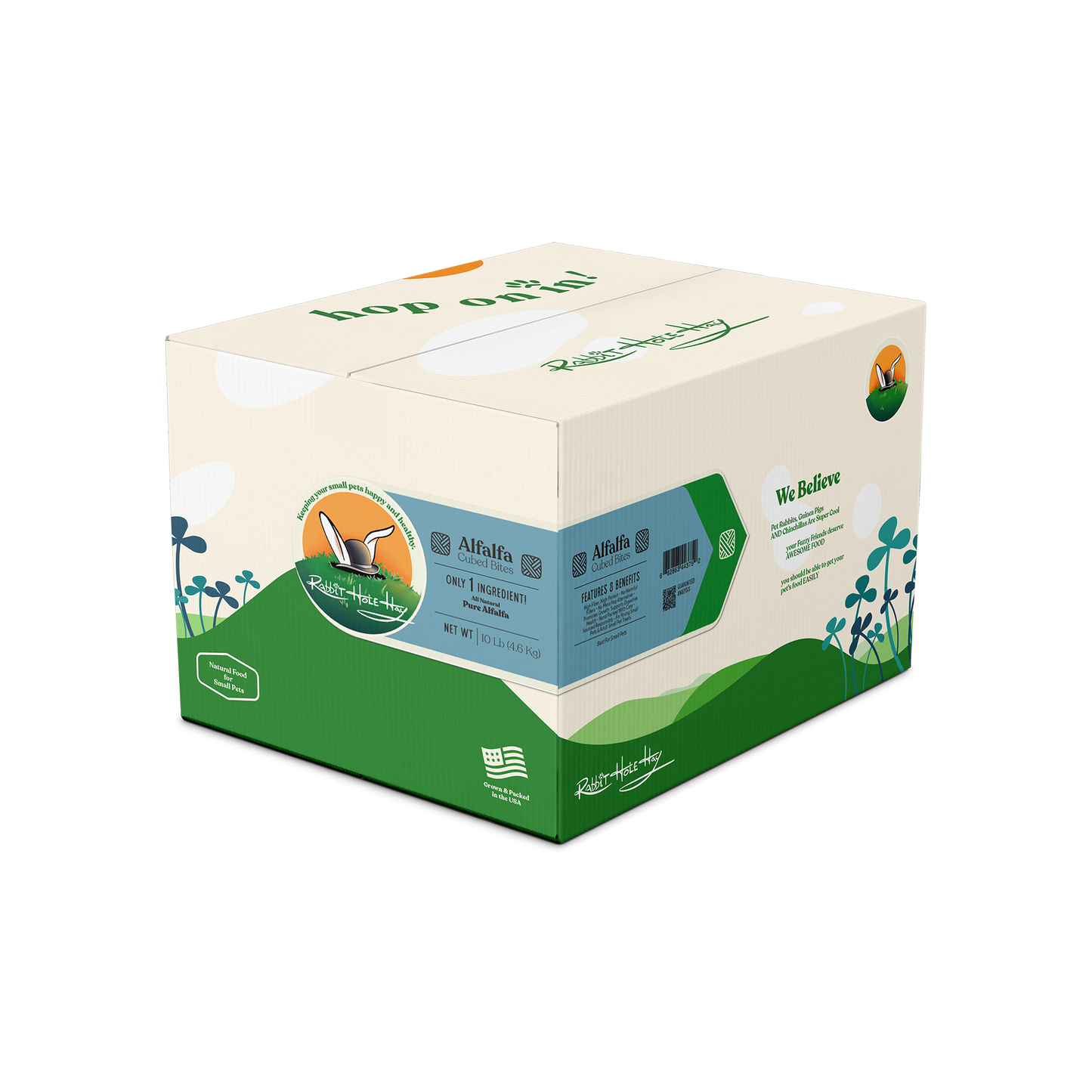 Natural alfalfa hay cubes from Rabbit Hole Hay, showing compressed green alfalfa cubes ideal for small animals and pets.