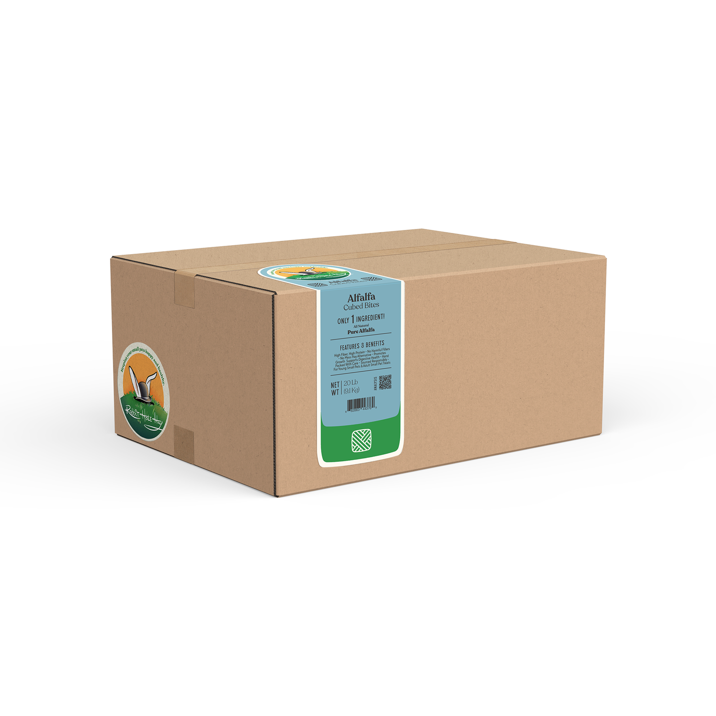 Natural alfalfa hay cubes from Rabbit Hole Hay, showing compact, green alfalfa cube blocks for small animal feeding.