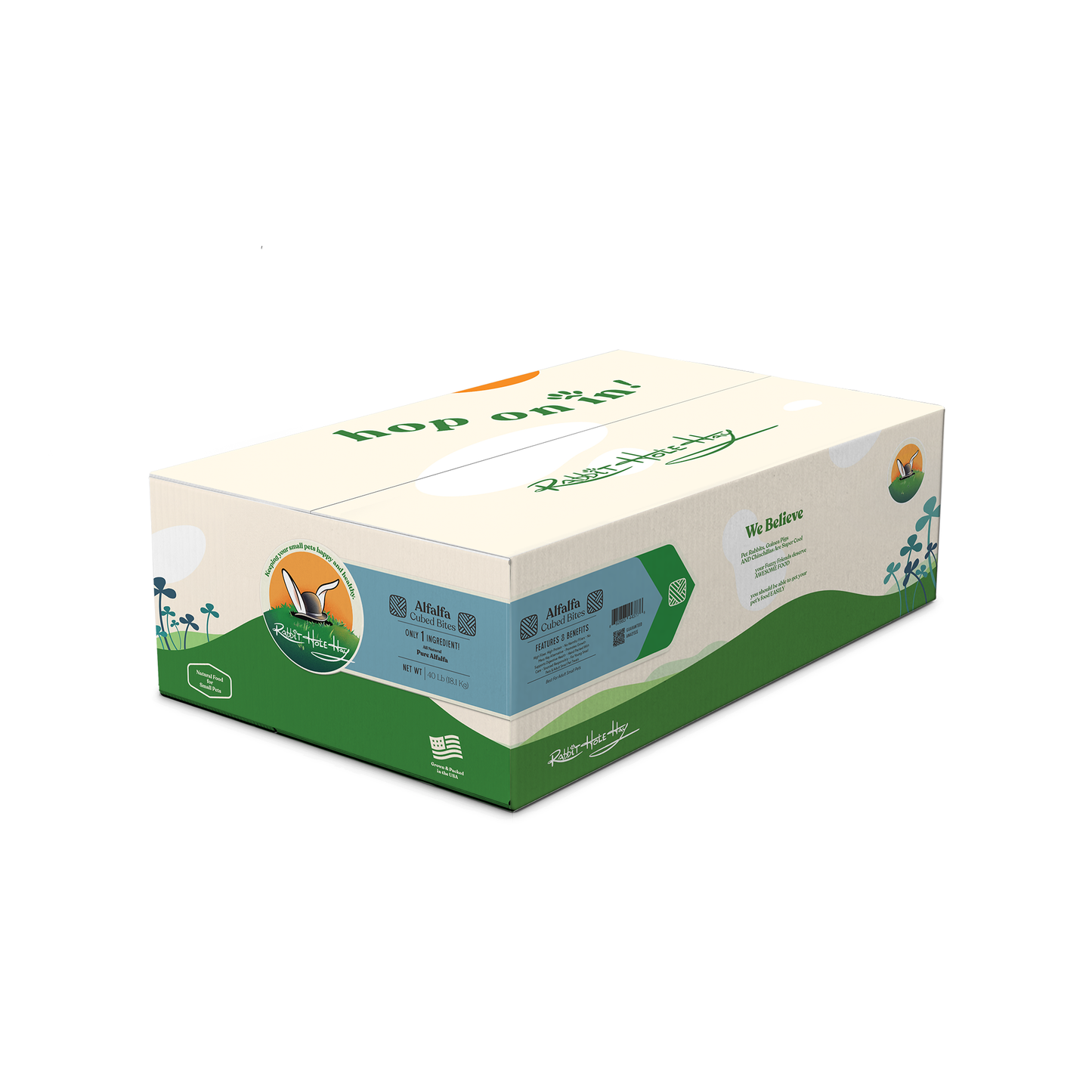 Natural alfalfa hay cubes from Rabbit Hole Hay, showing compressed green alfalfa cubes suitable for small animals and pets.