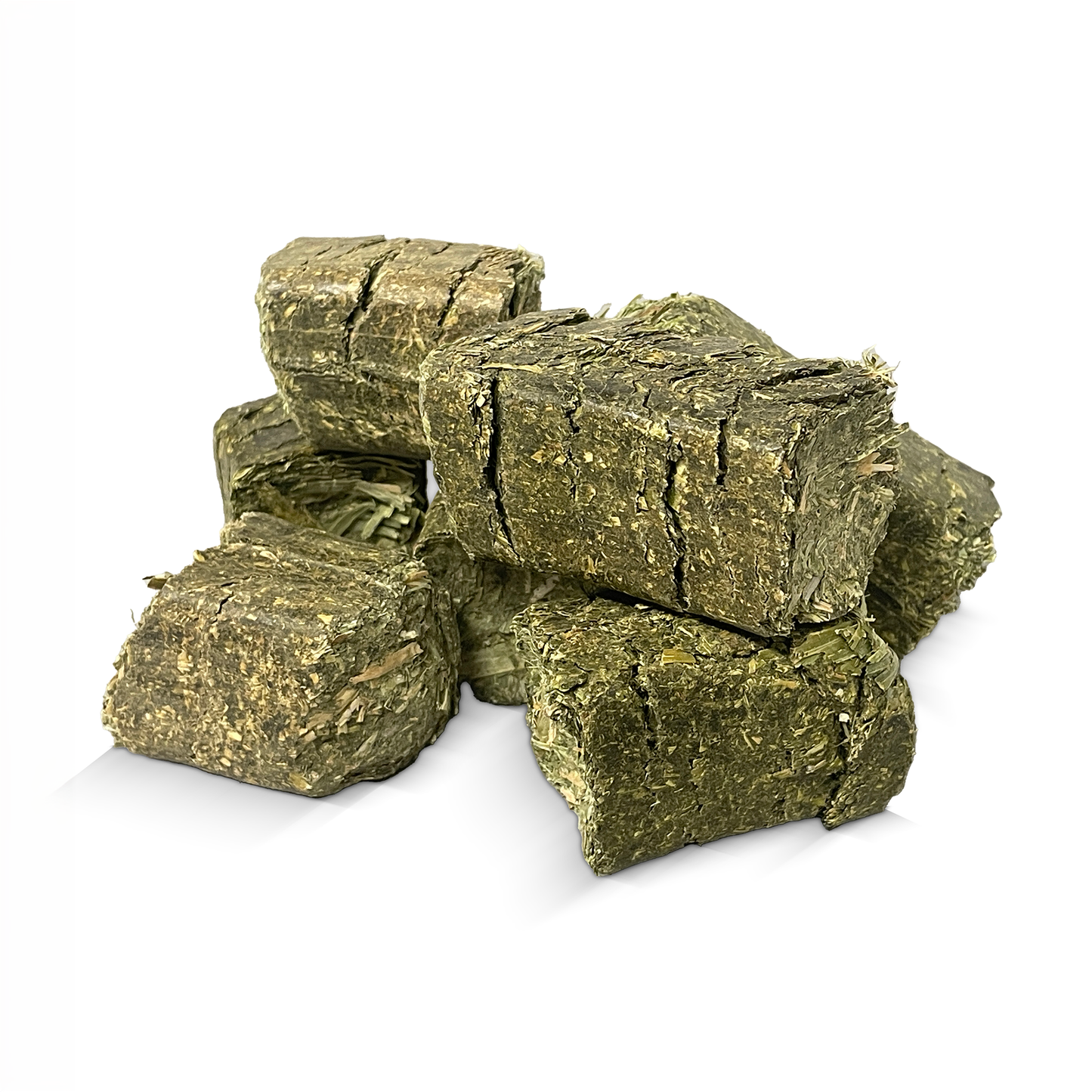 Natural alfalfa hay cubes from Rabbit Hole Hay, showing tightly packed, green alfalfa hay cubes suitable for small animals.