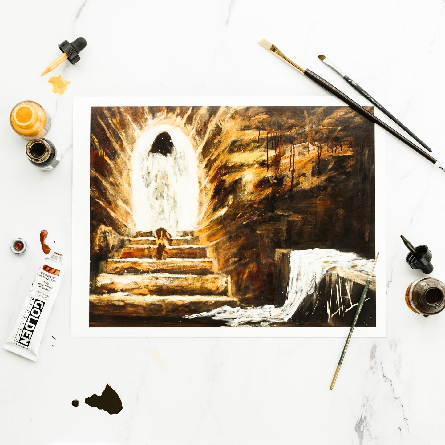 Jesus art print titled "The Empty Tomb" by Vanessa Horabuena, depicting the biblical scene with vibrant colors and detailed imagery.