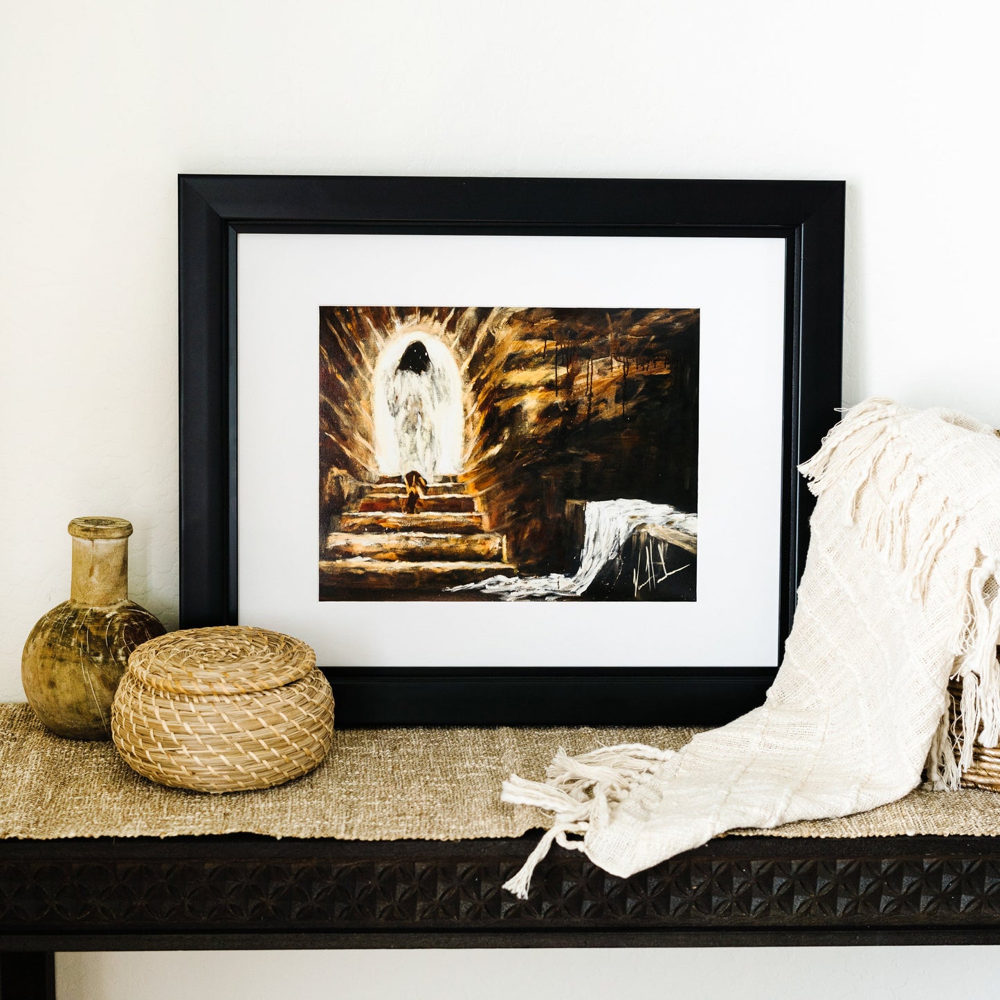 Jesus art print titled "The Empty Tomb" by Vanessa Horabuena, featuring a detailed depiction of the biblical scene.