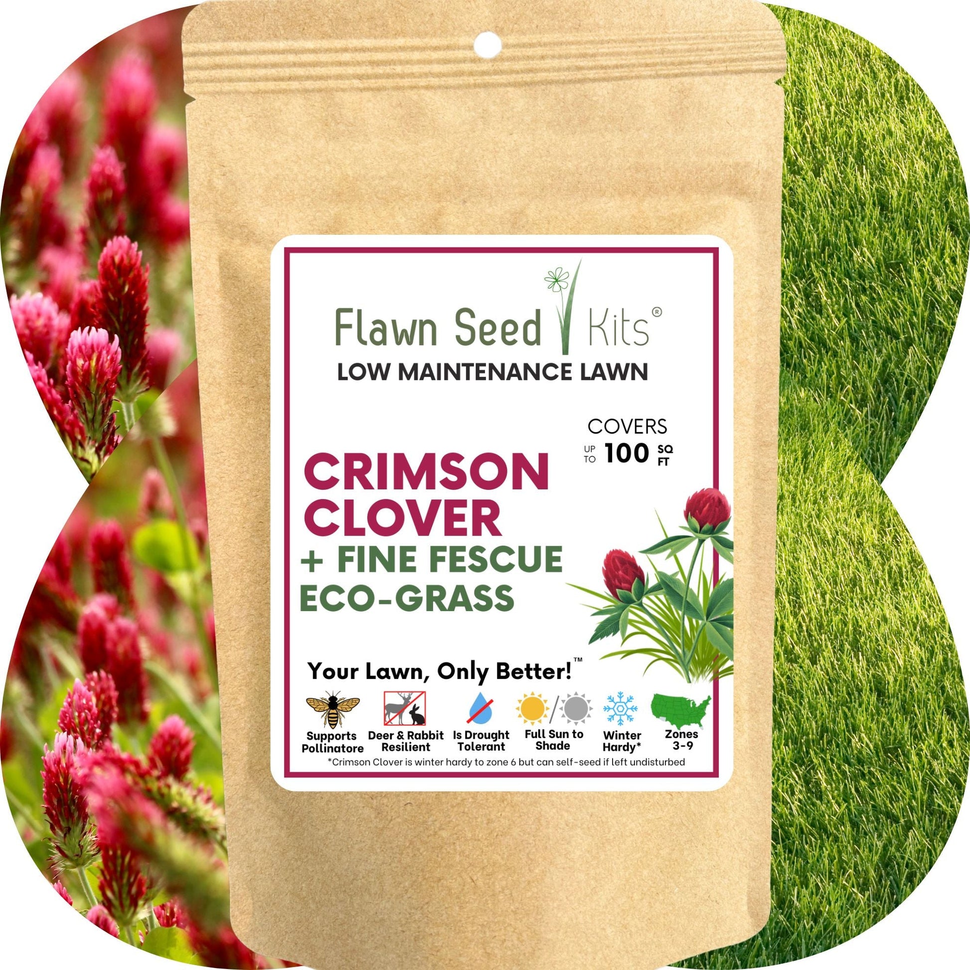Crimson clover and Mow Less grass seed tape by Flawn Seed Kits, showing seed strips and packaging for lawn planting.