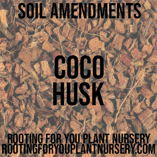 Organic coco husk soil amendment in resealable bag from Rooting For You Plant Nursery, showing textured coconut husk material.