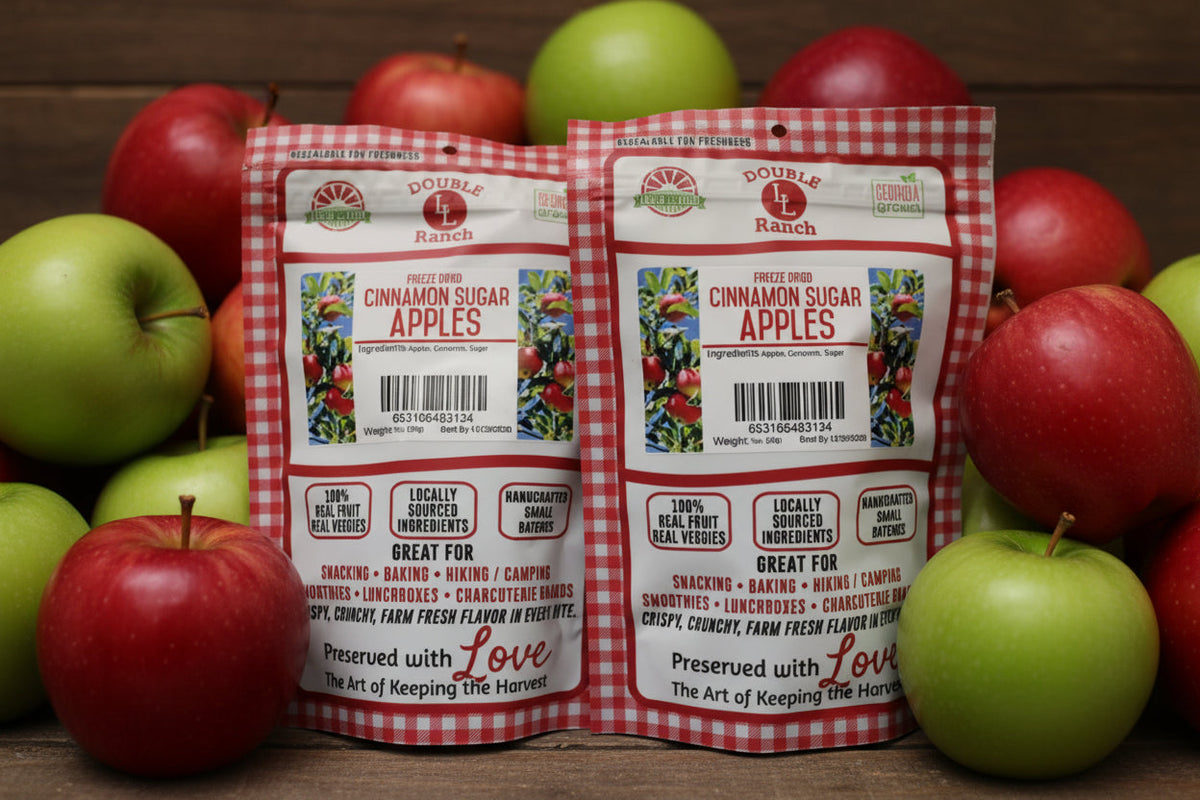 Freeze dried cinnamon and sugar apples by Double L Ranch, showcasing crisp apple slices coated with cinnamon and sugar.