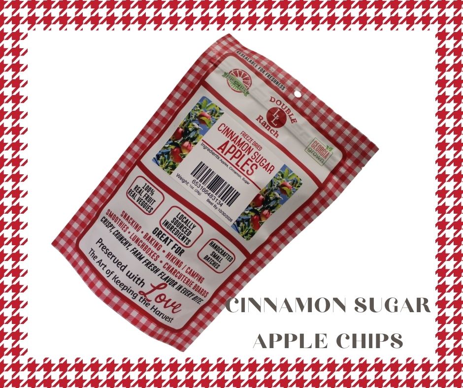 Freeze dried Cinnamon & Sugar Apples by Double L Ranch, showing a bowl of crunchy, sweet apple slices coated with cinnamon and sugar.
