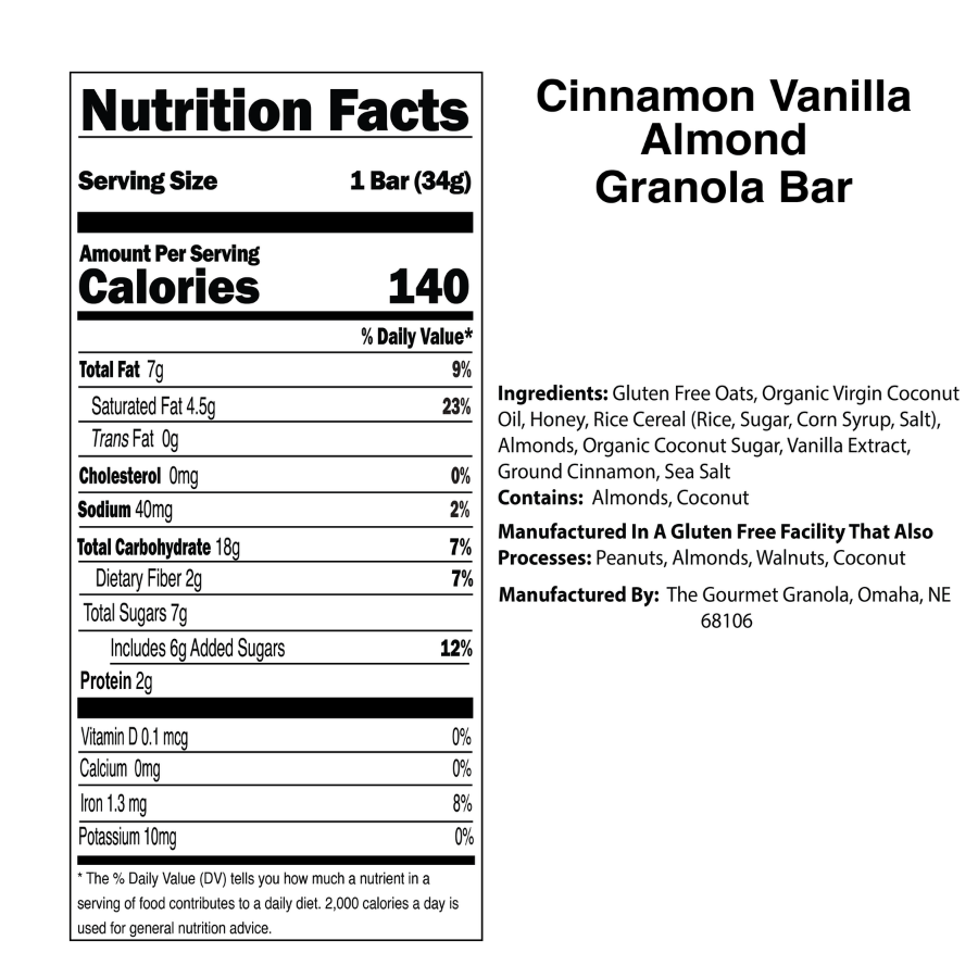 Cinnamon vanilla almond granola bars from BuyNebraska.com, gluten, dairy, and soy free, in a pack of six.