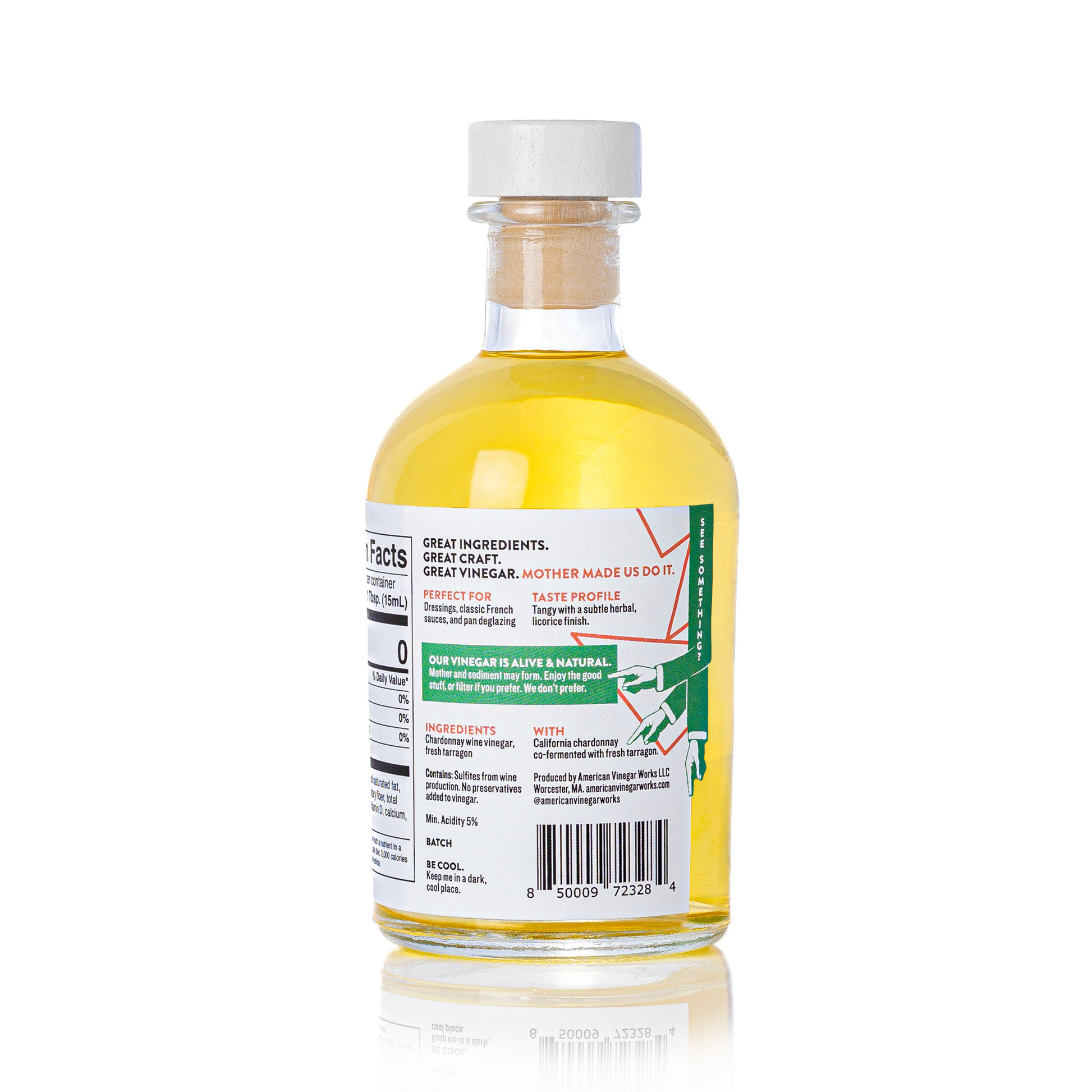 Back label of American Vinegar Works California Chardonnay Tarragon Wine Vinegar bottle showing product details and branding.