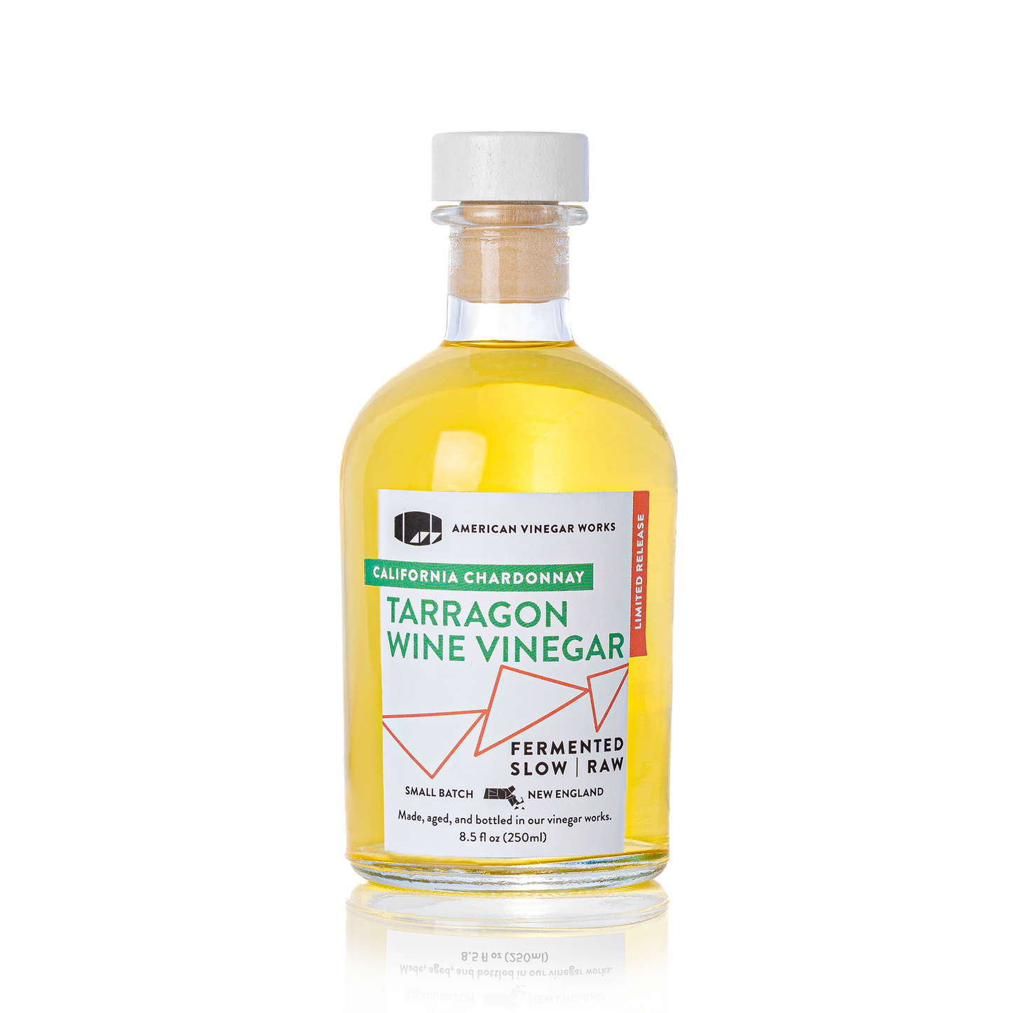 Front view of American Vinegar Works California Chardonnay Tarragon Wine Vinegar in a clear glass bottle.
