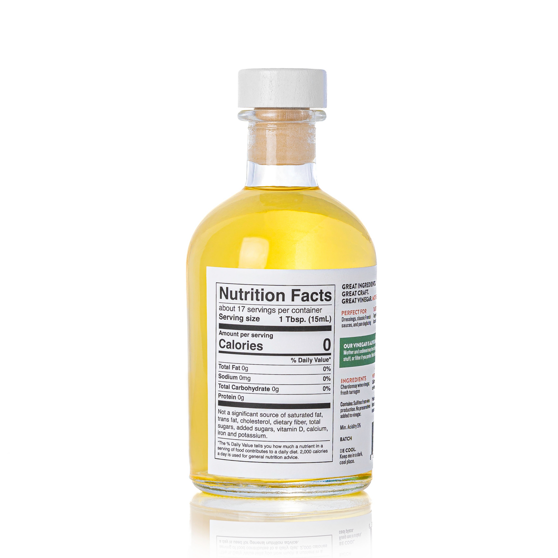California Chardonnay tarragon wine vinegar by American Vinegar Works, with nutrition facts label and clear glass bottle.