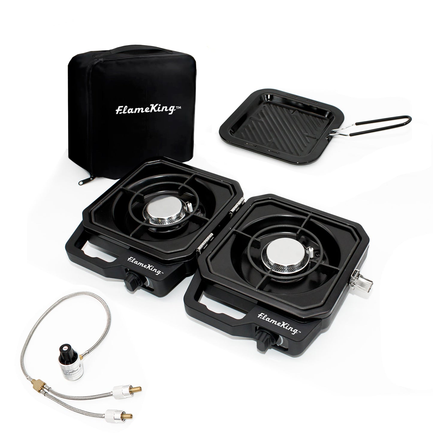 Portable Flame King Campact propane cooker with two burners, compact camp grill for outdoor cooking and camping adventures.