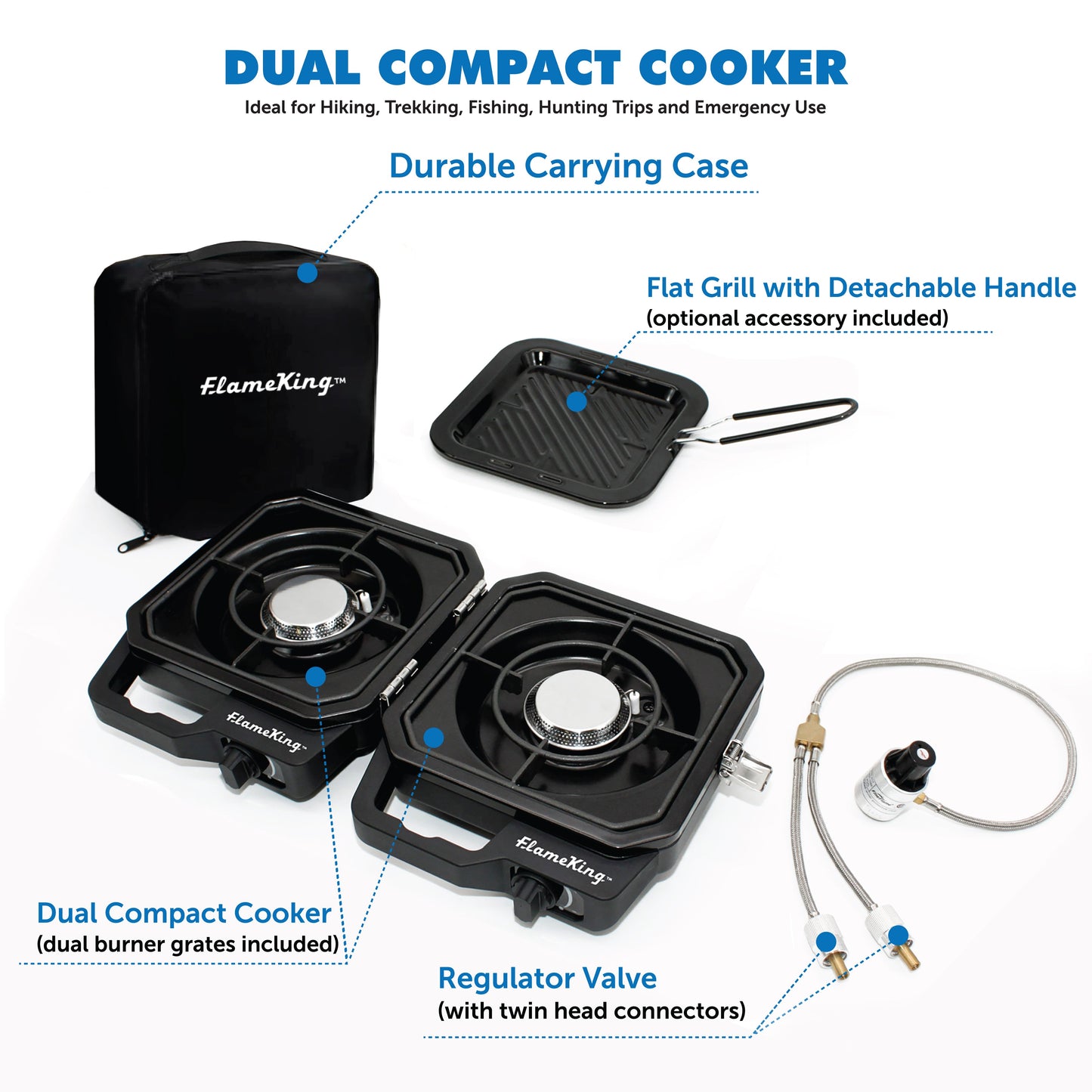 Portable Flame King Products Campact Cooker grill with two burners, compact design, and adjustable knobs for camping or outdoor cooking.