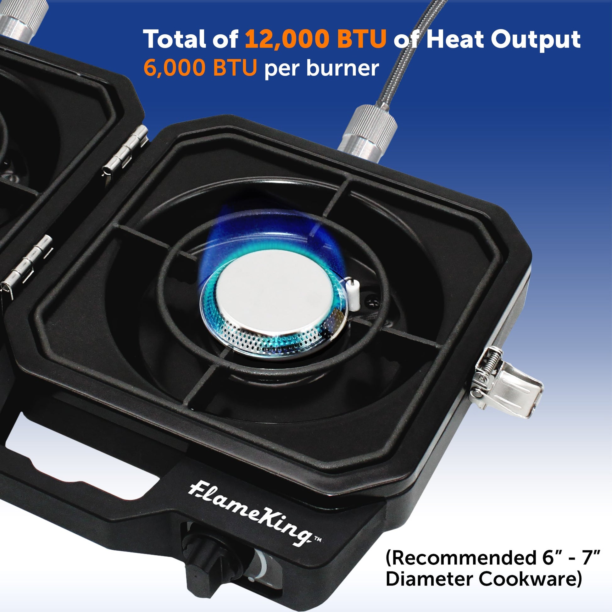 Flame King Portable Propane Campact Cooker grill with two burners and compact design for camping and outdoor cooking.
