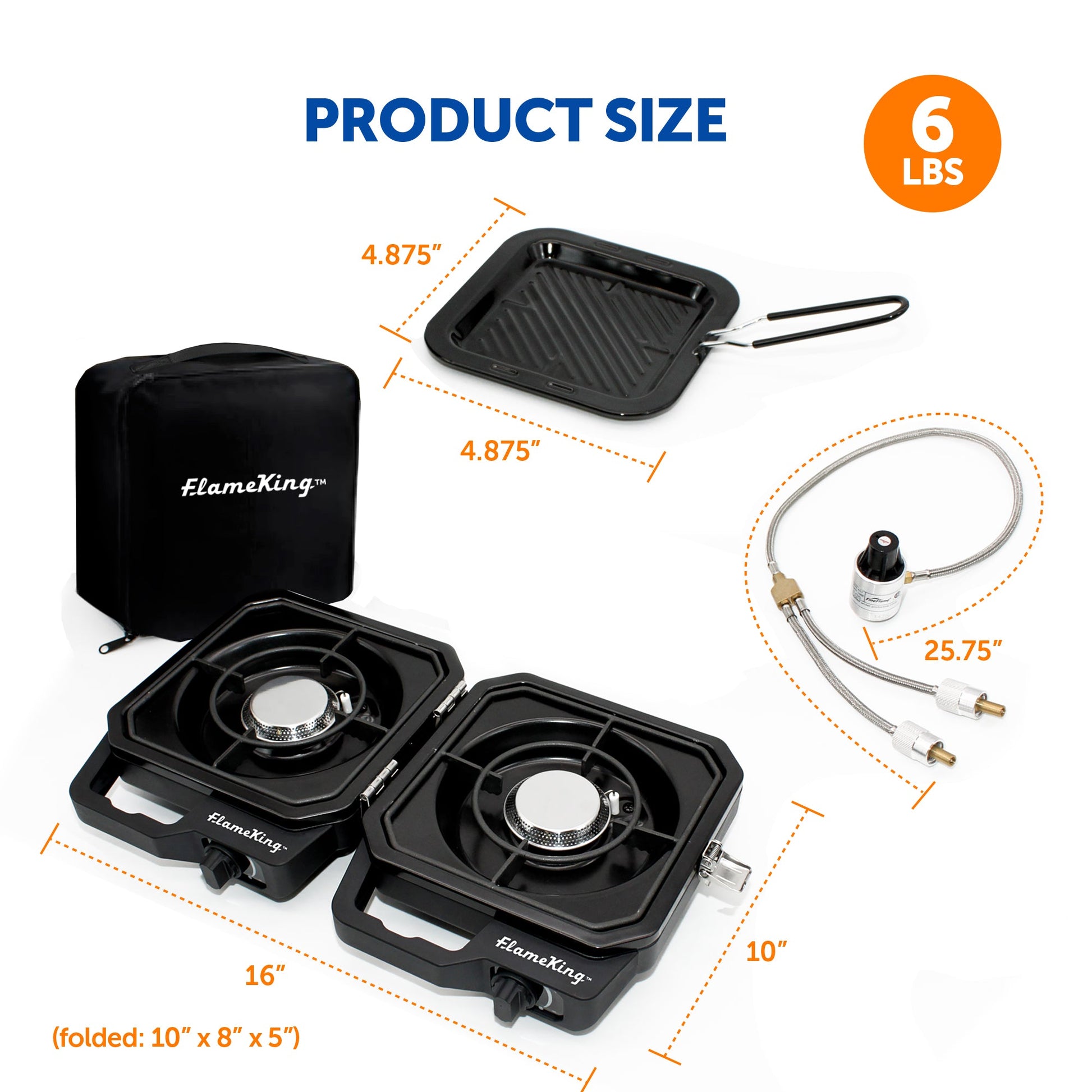 Flame King Portable Propane Campact Cooker, compact outdoor grill with two burners and sturdy metal construction for camping.
