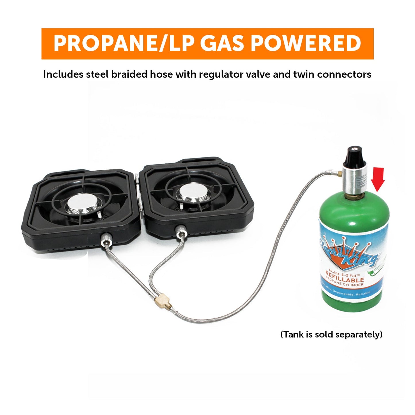 Flame King Portable Propane Campact Cooker with two burners and compact design, ideal for outdoor camping and cooking.
