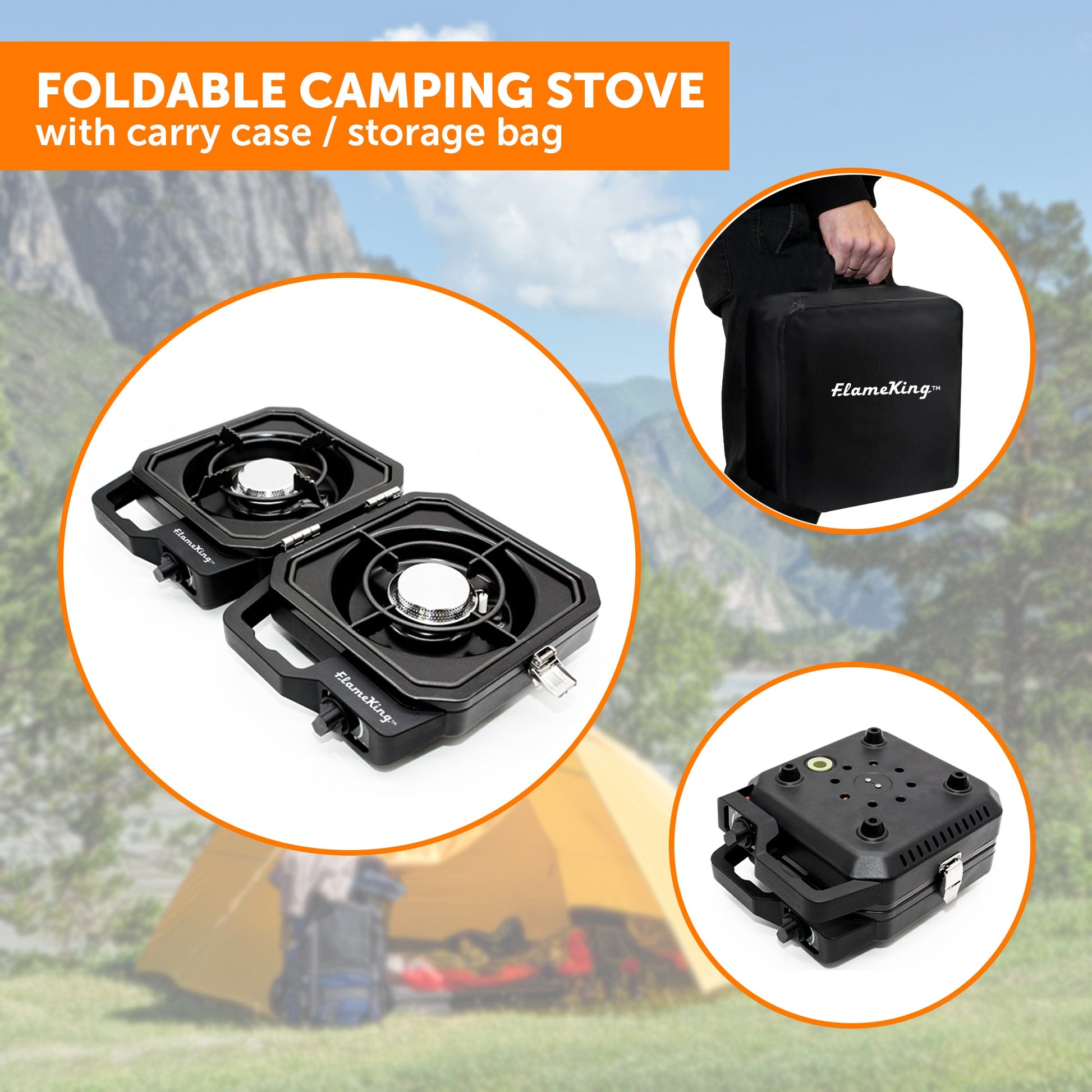 Flame King Portable Propane Campact Cooker used as a compact camping grill with adjustable burners and sturdy handles.