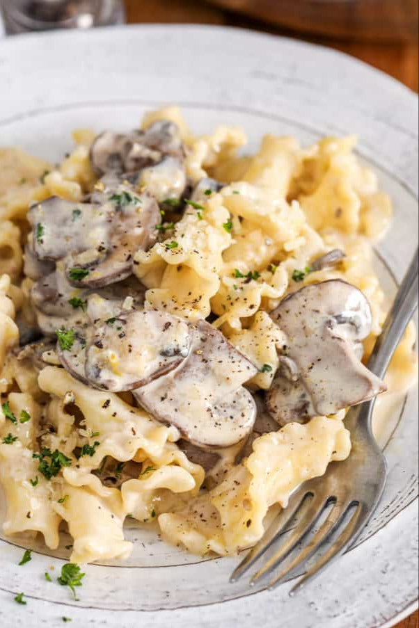 Fermentelli Sourdough Pasta Campanelle with creamy mushroom sauce on a plate, ready to serve, in a home-cooked meal setting.