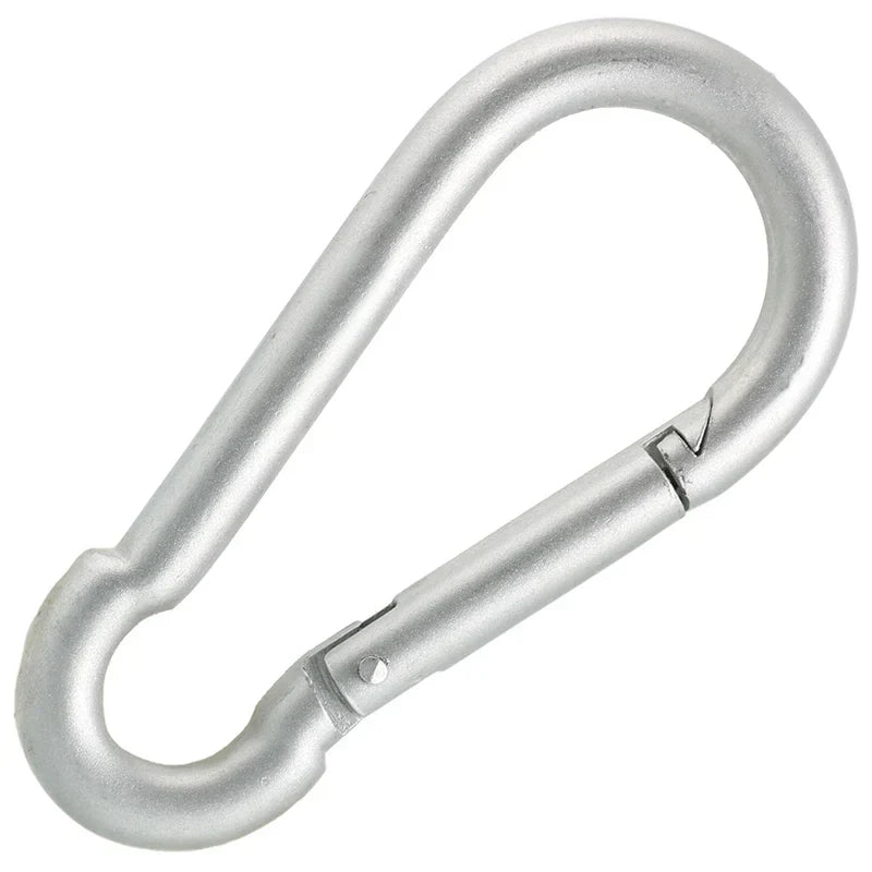 Silver carabiner clip and strap for haynets, designed by Haylo Haynets, LLC, used to secure haynets in place.