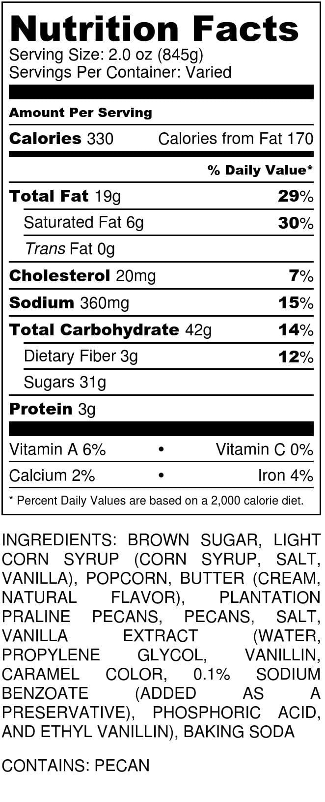 Millican Pecan caramel pecan popcorn in a 12oz bag with praline pecans and nutrition label visible.