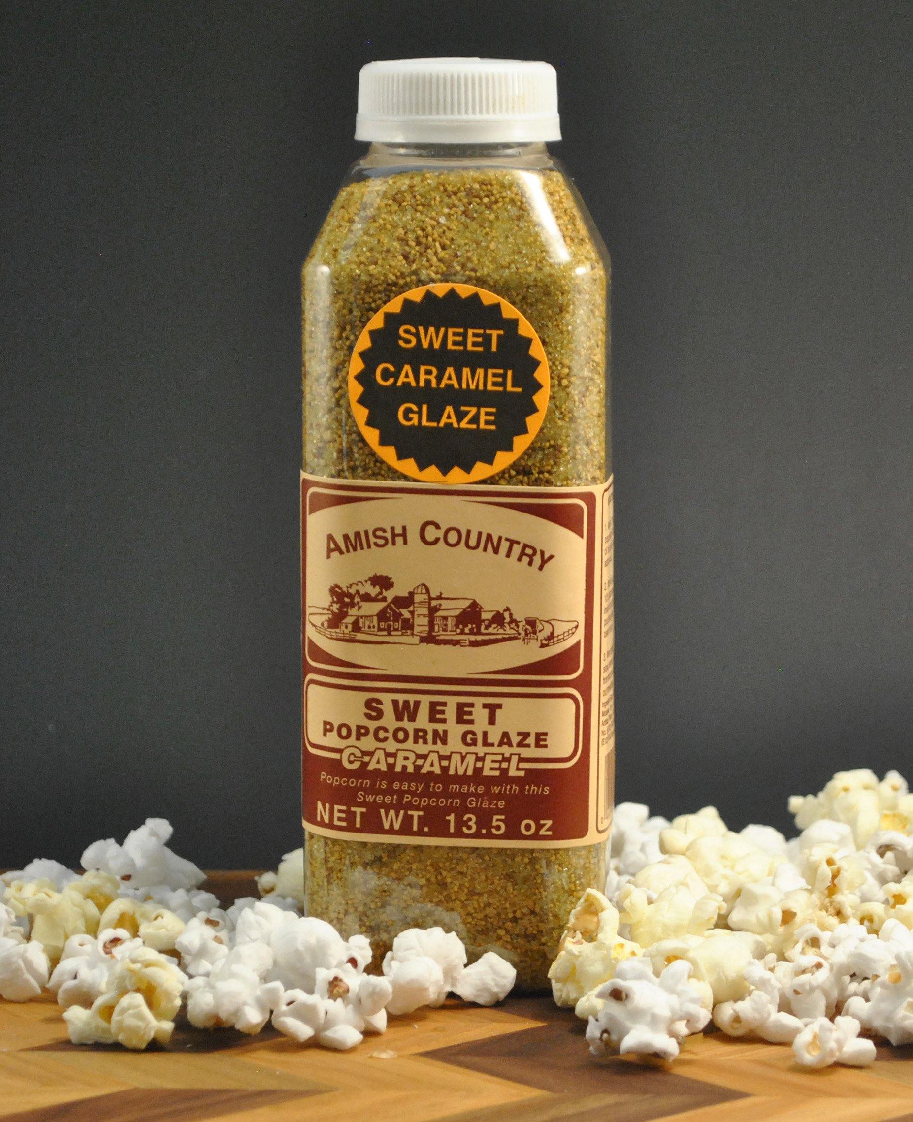 Amish Country Store sweet caramel popcorn glaze drizzled over freshly popped Amish popcorn in a bowl.