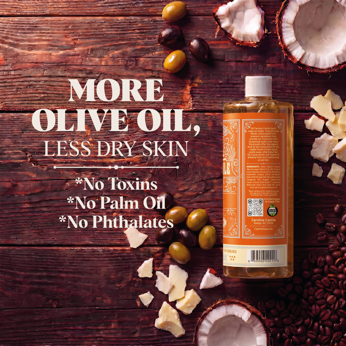 Orange Castile Soap by Carolina Castile Soap in a clear bottle with orange liquid, natural and gentle for skin and cleaning.