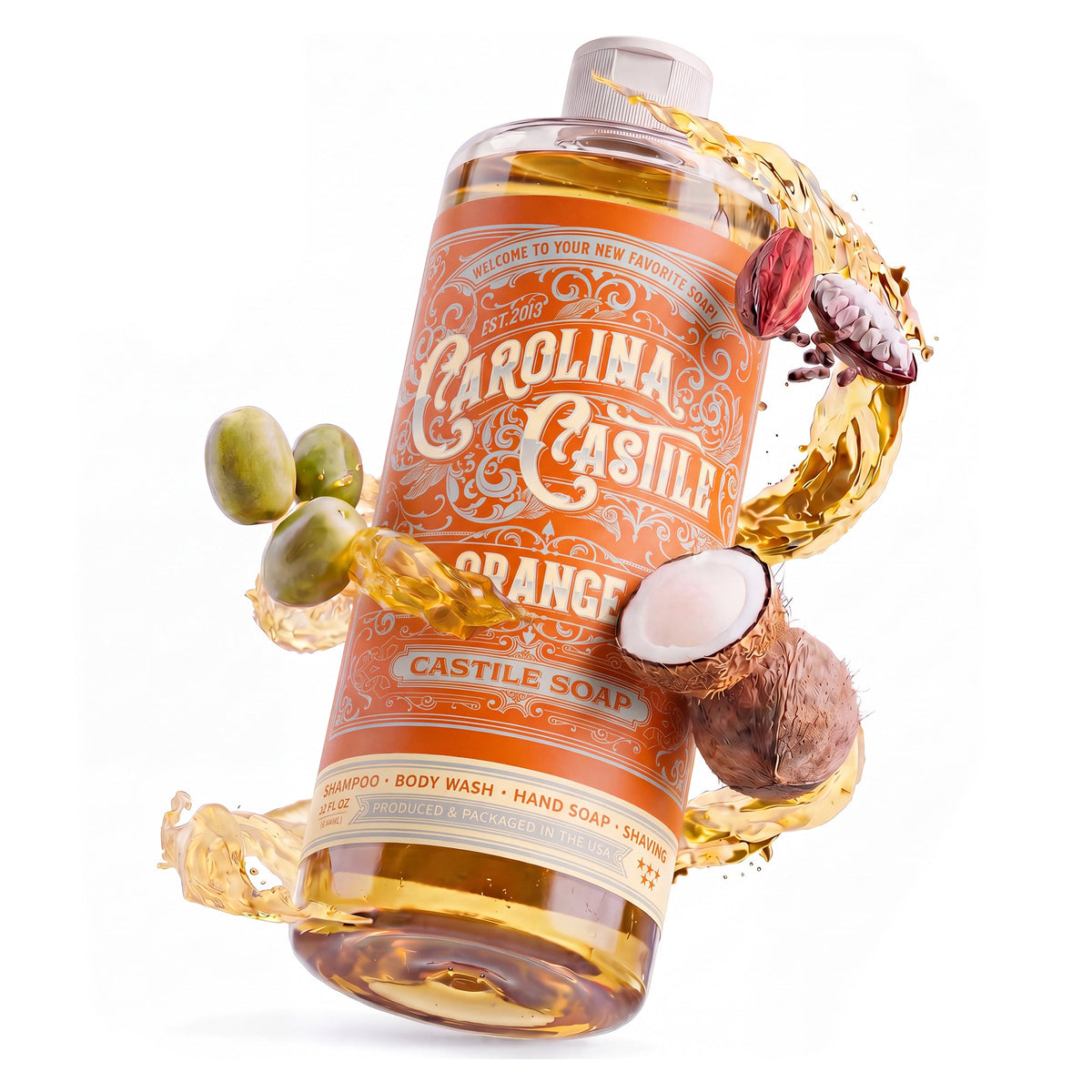 Orange Castile Soap by Carolina Castile Soap in a clear bottle with orange liquid and label, showcasing natural ingredients.