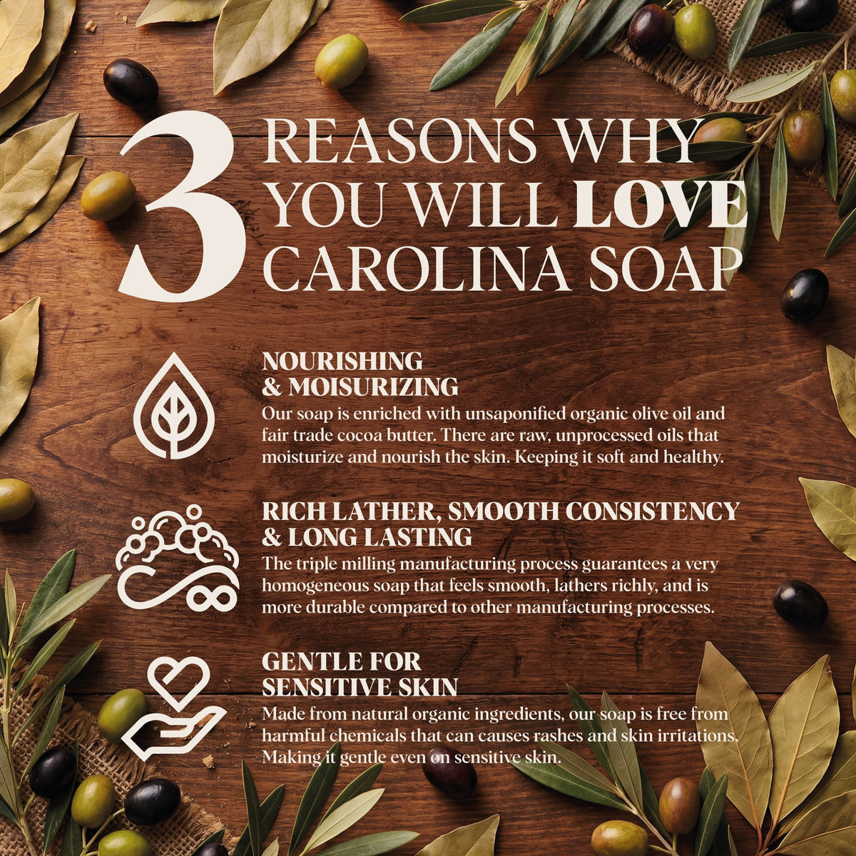 Unscented Carolina Castile Bar Soap with a simple white soap bar on a neutral background, showcasing gentle, natural ingredients.