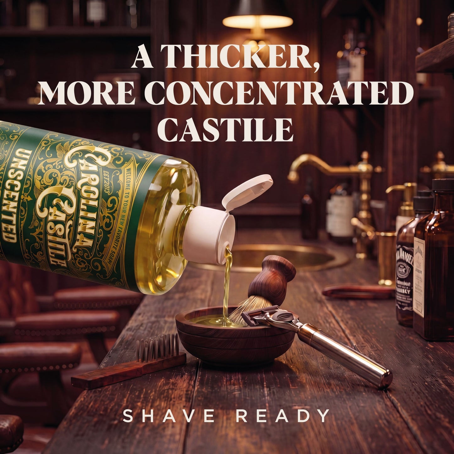 Gentle unscented Castile soap from Carolina Castile Soap in a clear bottle with a pump dispenser.
