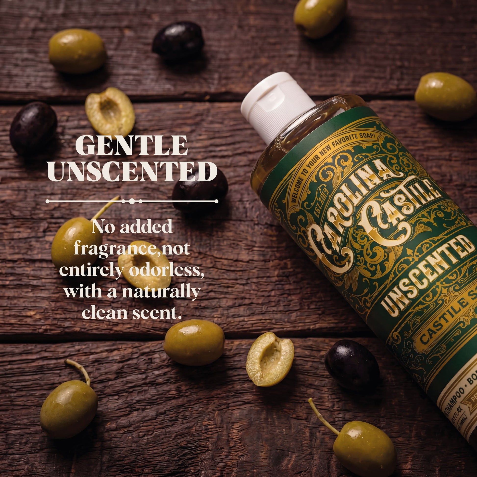 Gentle unscented Castile soap bottle from Carolina Castile Soap, featuring a plain label and eco-friendly packaging.