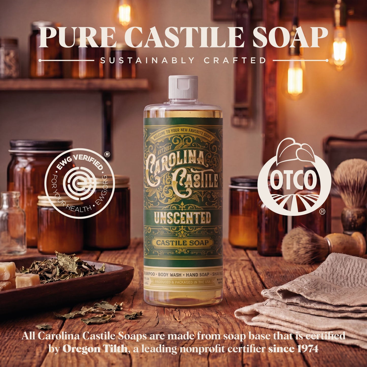 Gentle unscented Castile soap by Carolina Castile Soap in a clear pump bottle, showcasing the natural liquid soap inside.
