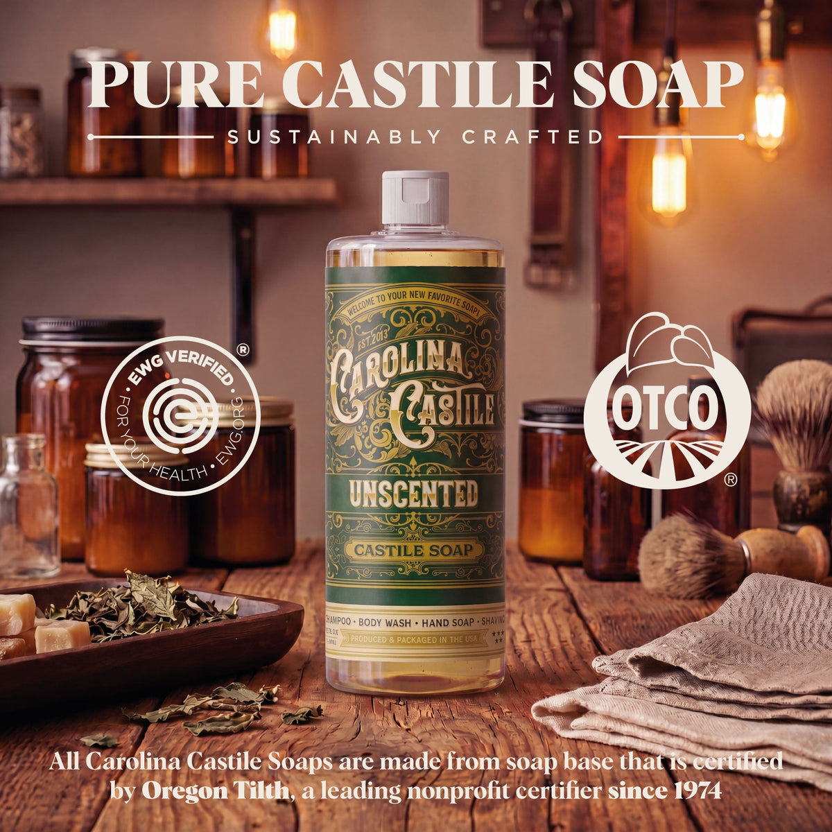 Gentle unscented Castile soap by Carolina Castile Soap in a clear pump bottle, showcasing the natural liquid soap inside.