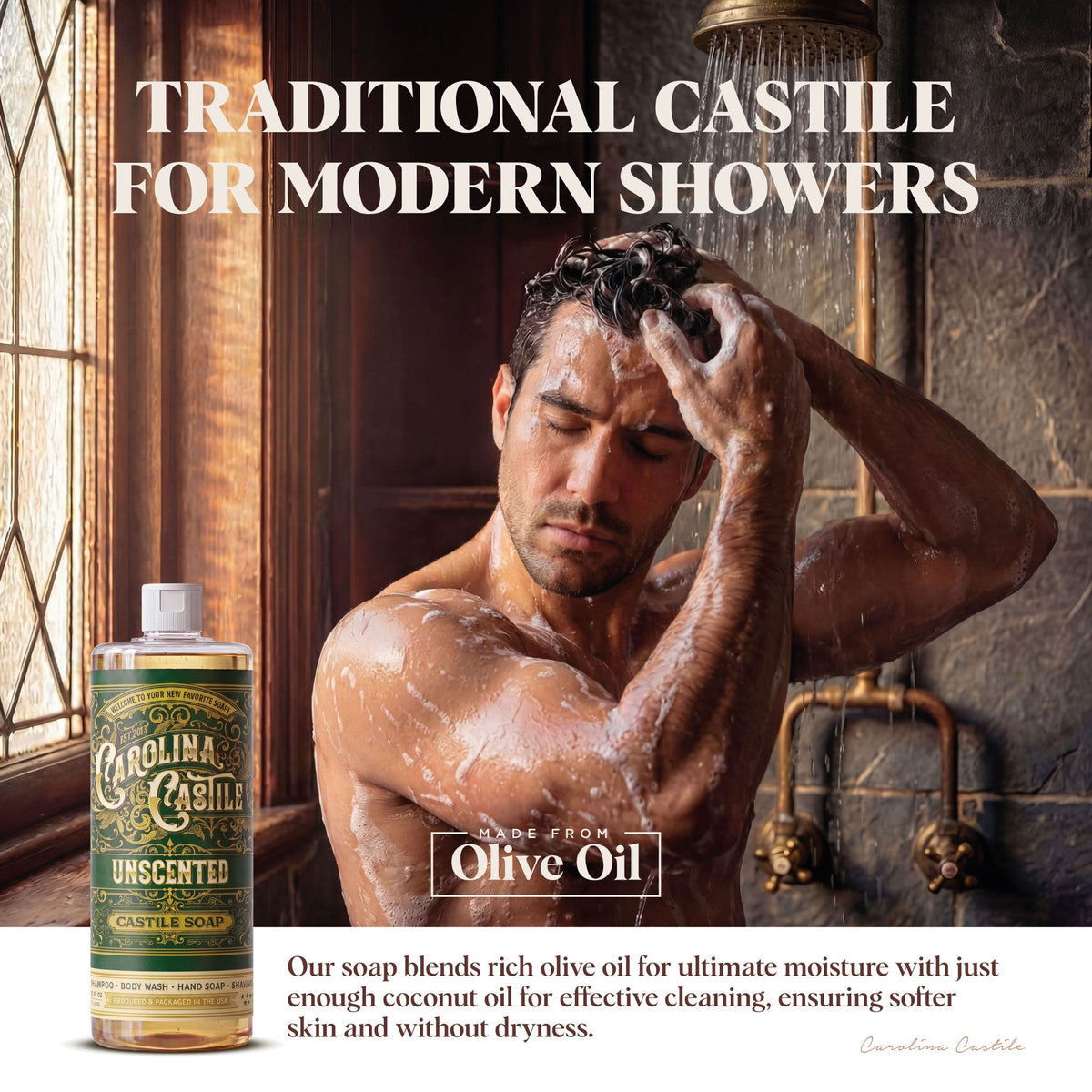 Gentle unscented Carolina Castile Soap in a clear plastic bottle, suitable for sensitive skin and natural cleaning.