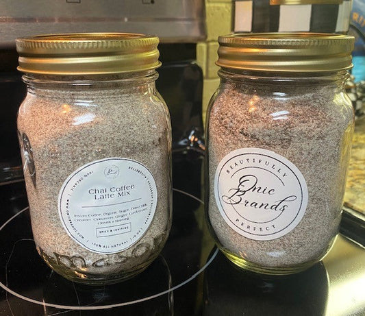 Chai coffee latte mix by Onic Brands LLC in a jar, showing the spice-filled powder for making flavorful chai coffee drinks.