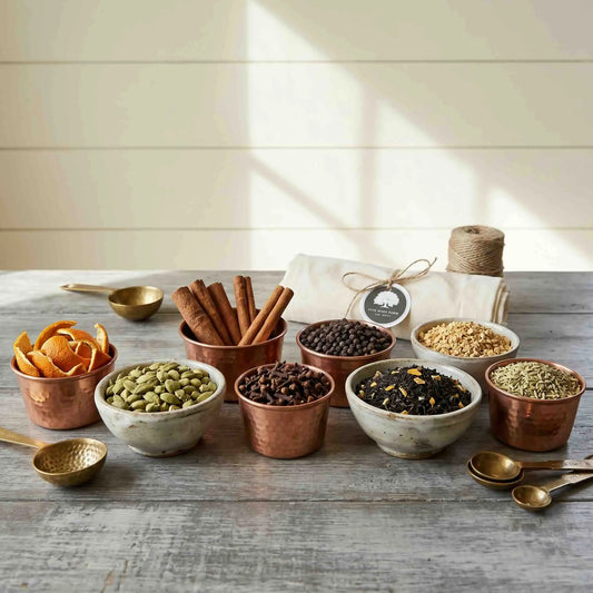 Five Oaks Farm Chai Tea Mix with spices, tea leaves, and herbs in a natural ingredient blend for flavorful chai tea.