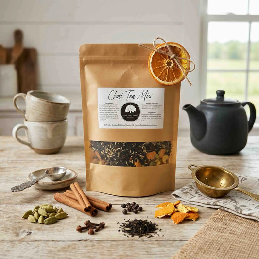 Five Oaks Farm Chai Tea Mix kit with spices and tea ingredients for homemade chai tea preparation.