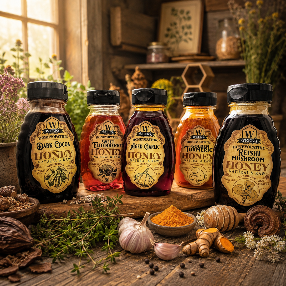 Raw infused honey sampler with 5 flavors in jars, Weeks Honey Farm honey bundle