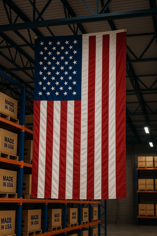 Double-sided American flag for vertical display by Flagman of America, made in the USA, showing vibrant stars and stripes.