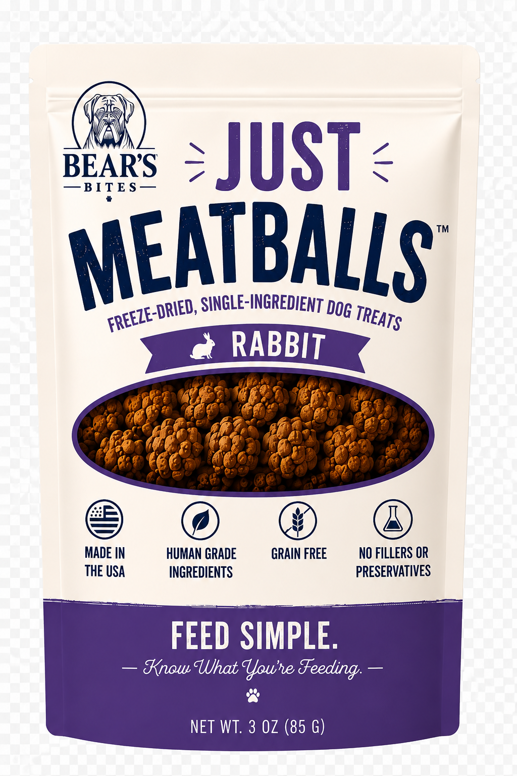 Freeze-dried rabbit meatballs dog treats by Bear's Bites, showcasing small, nutritious treats for dogs in a natural setting.
