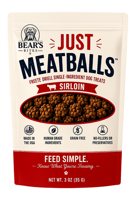 Freeze-dried sirloin meatball dog treats from Bear's Bites, showing a close-up of single-ingredient beef treats for dogs.