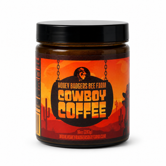 All-natural Cowboy Coffee instant honey coffee in a jar from Honey Badgers Bee Farm, ready to mix with hot water.