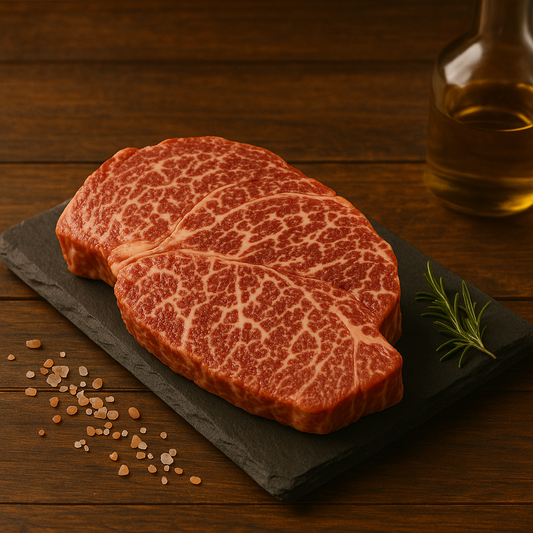 Five Oaks Farm Wagyu FOF The Five Oaks Griller's Box featuring assorted premium Wagyu cuts on a wooden platter