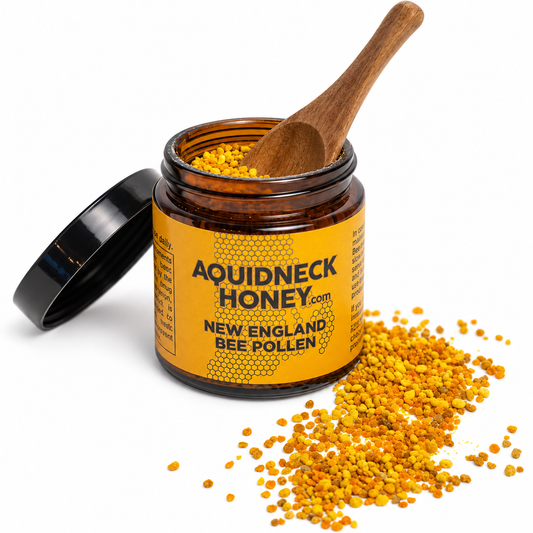 Raw bee pollen from Aquidneck Honey, showing golden granules of pure bee pollen collected in NH, RI, and MA.