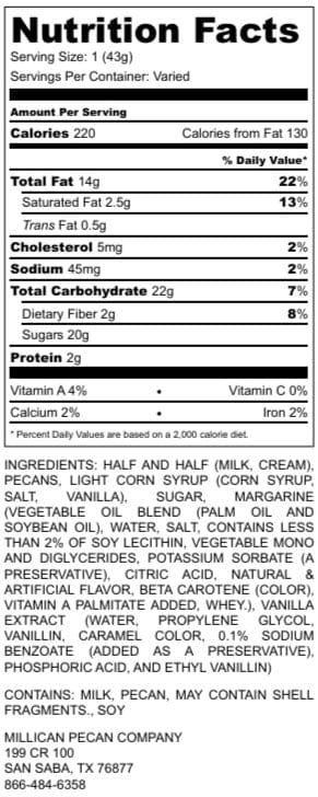 Nutritional label for Millican Pecan Chewy Pecan Pralines, individual pecan treats with detailed nutritional information.