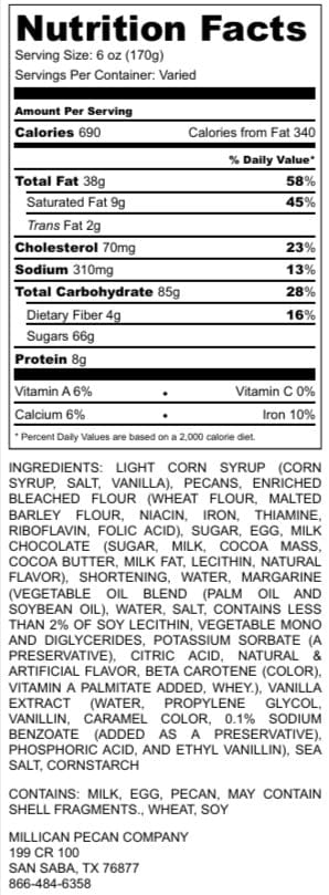 Nutritional label for Millican Pecan Chocolate Pecan Pie, showing ingredients and nutrition facts on the packaging.