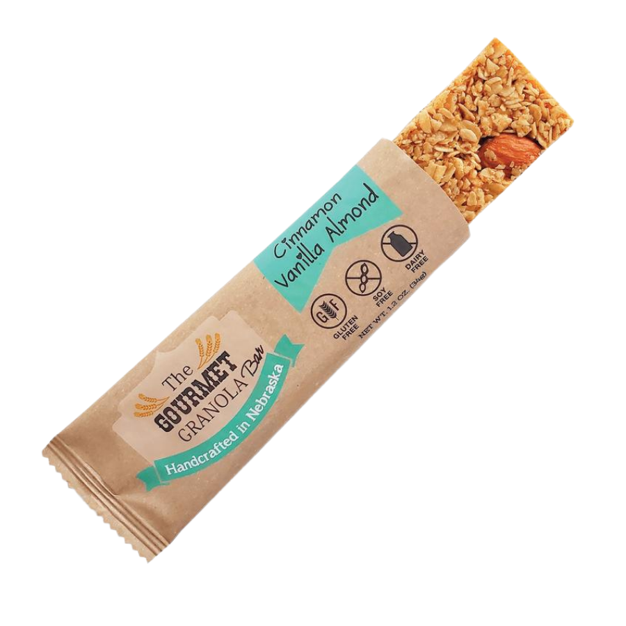 Cinnamon vanilla almond granola bars from BuyNebraska.com, gluten, dairy, and soy free, in a pack of six.