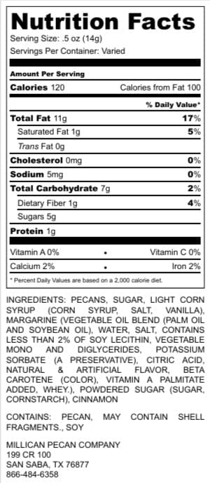 Millican Pecan cinnamon candied pecans 12oz bag with nutritional label, showcasing glazed pecans coated in cinnamon flavor.