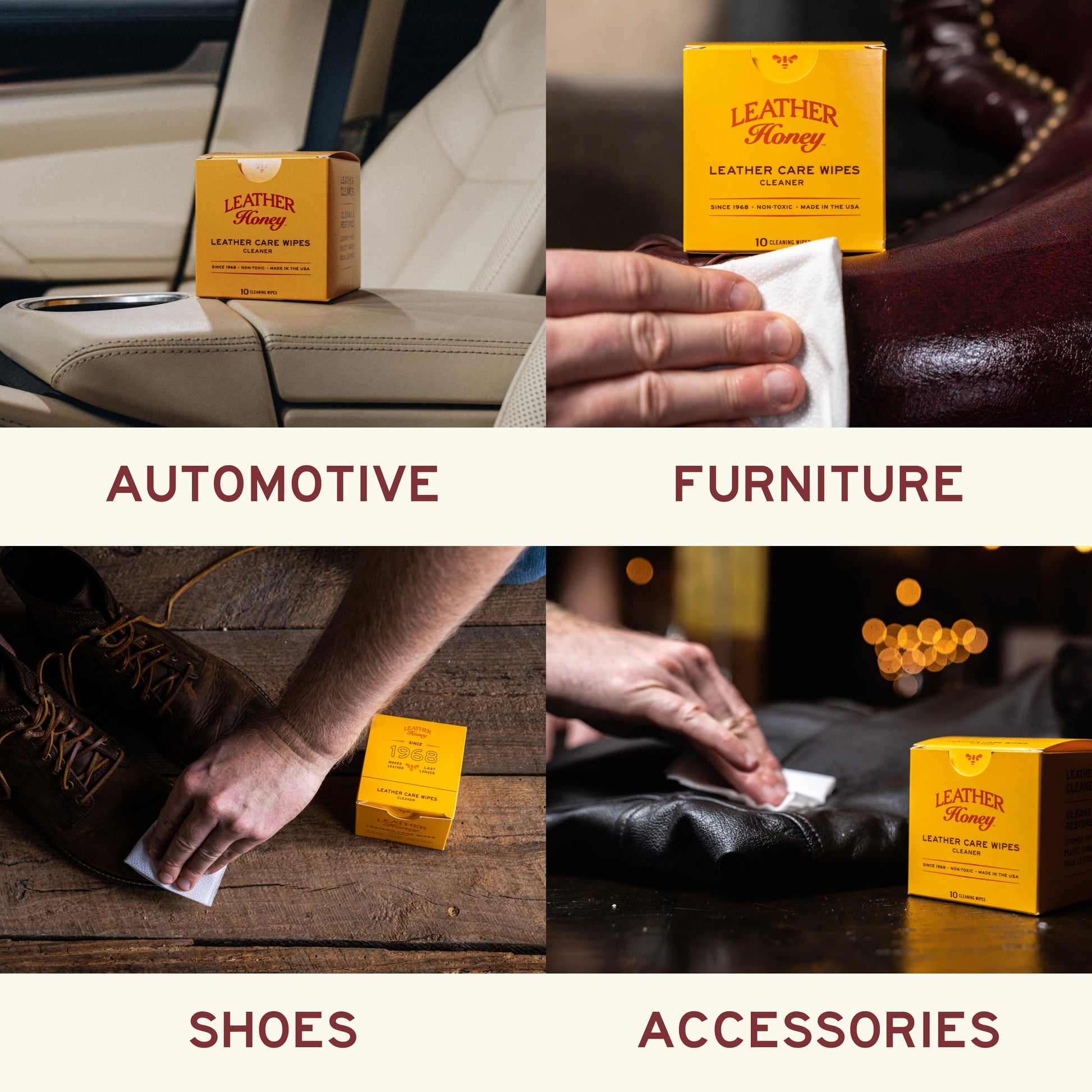 Leather Honey Leather Care Wipes pack with 10 cleaning wipes for gentle leather cleaning and maintenance.