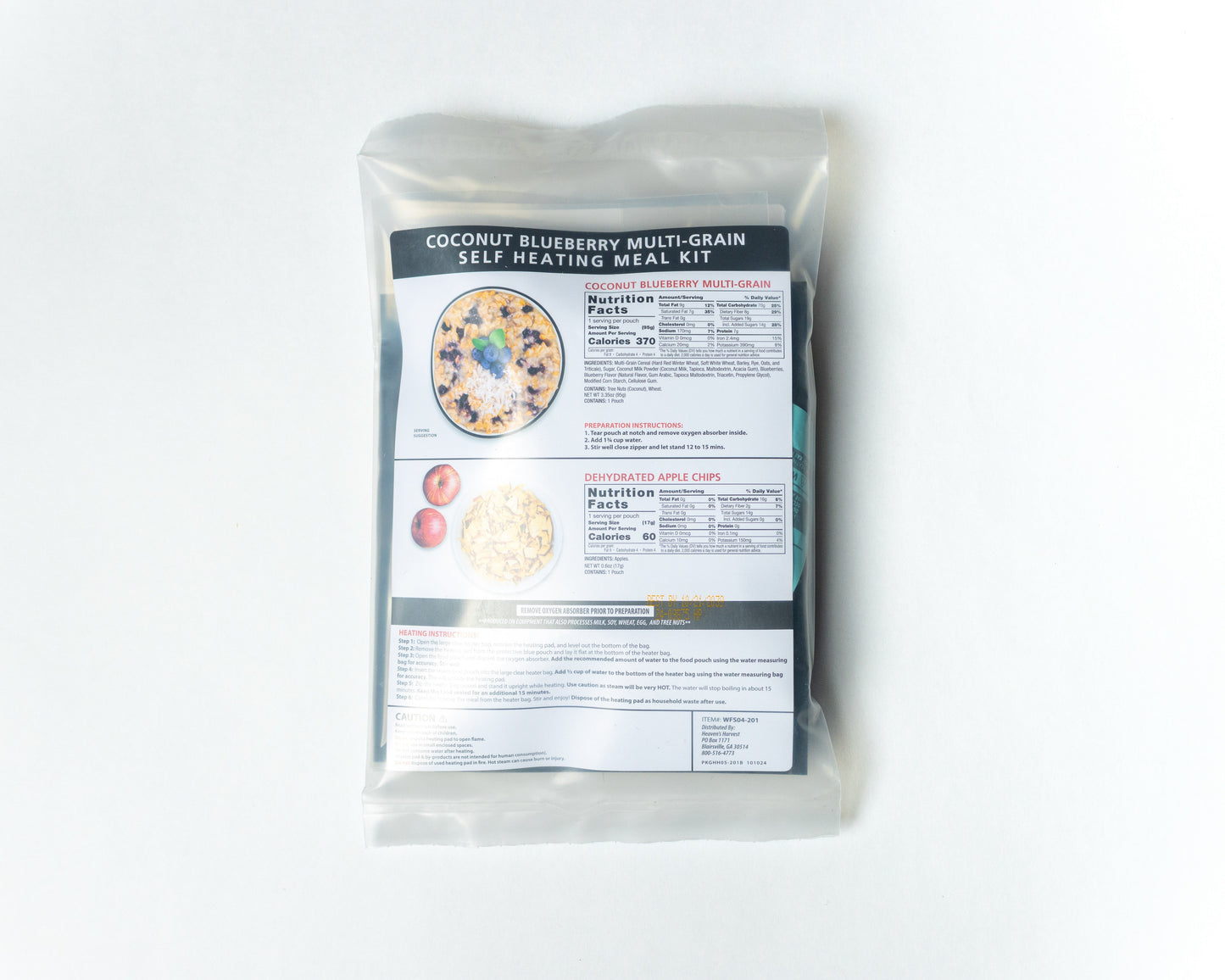 Self-heating coconut blueberry multi-grain meal kit by Heaven's Harvest, freeze-dried food with packaging on a white background.