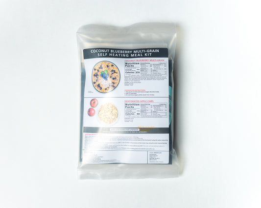 Self-heating coconut blueberry multi-grain meal kit by Heaven's Harvest, freeze-dried food with packaging on a white background.