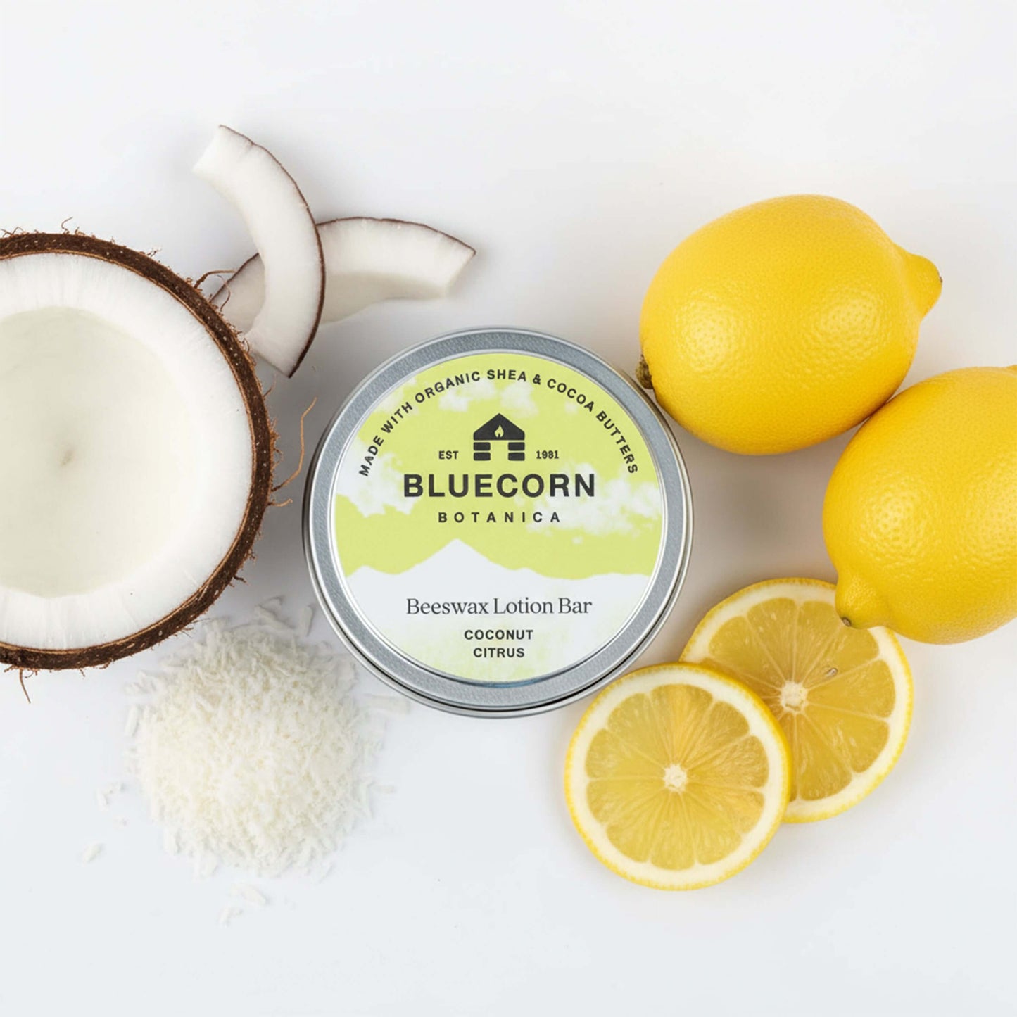 Bluecorn Beeswax Lotion Bar with coconut and citrus scent, apothecary-style natural skincare product from Bluecorn Candles.